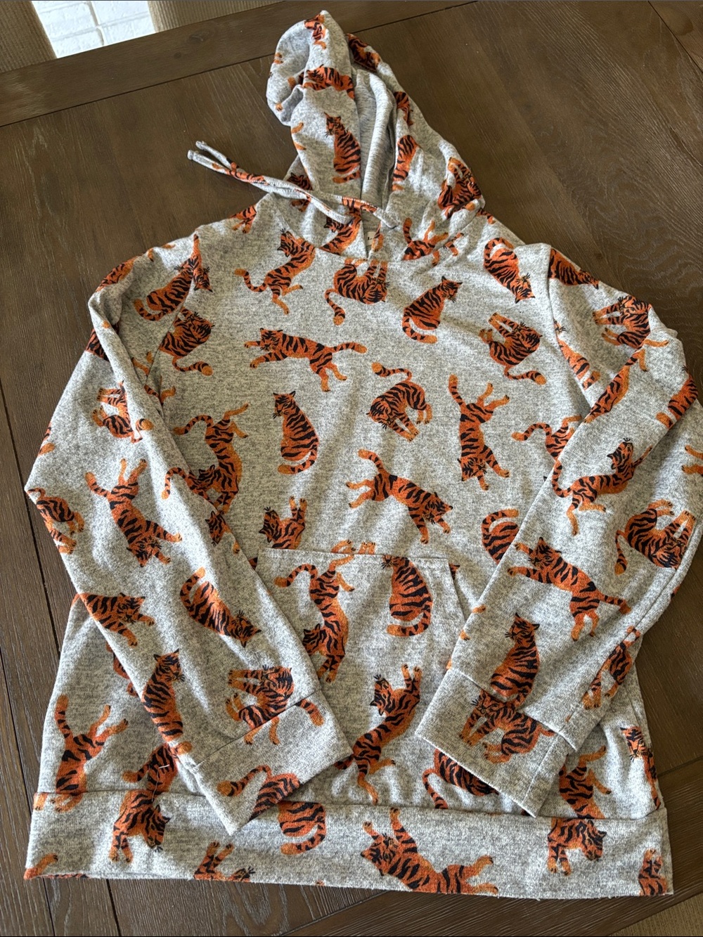 Gray Hoodie Sweatshirt with Orange Tiger Print Sweater